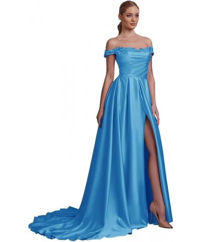 Elegant Off Shoulder Evening Gowns Lace Appliques Satin High Slit Long Prom Dresses for Women 2023 Blue $45.00 Dresses