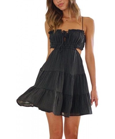 Women Cute Sweet Mini Dress Spaghetti Strap Tiered Short Dress Backless Strappy A line Flare Graduation Dress Ce Black $12.93...