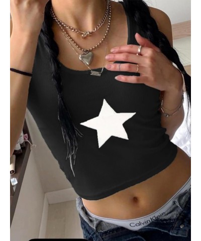 Women's Star Sleeveless Crop Top Vintage Y2k Tops Round Neck Racerback Tank Tops Casual Tee A Black $11.04 Tanks