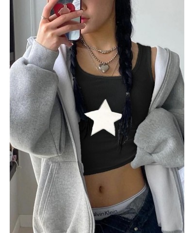 Women's Star Sleeveless Crop Top Vintage Y2k Tops Round Neck Racerback Tank Tops Casual Tee A Black $11.04 Tanks