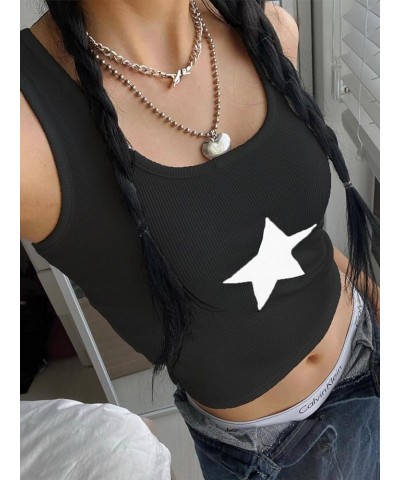 Women's Star Sleeveless Crop Top Vintage Y2k Tops Round Neck Racerback Tank Tops Casual Tee A Black $11.04 Tanks