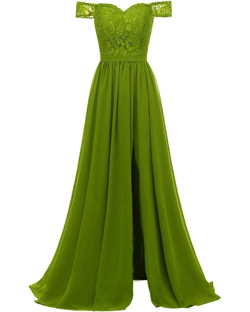 Off Shoulder Bridesmaid Dresses 2023 Lace Appliques Prom Dress Chiffon Formal Evening Party Gowns with Slit Olive Green $39.5...