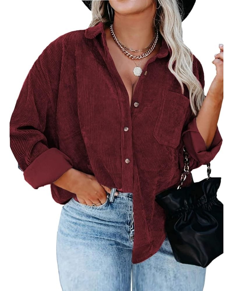 Womens Plus Size Corduroy Shirt Long Sleeve Button Down Shirts Fall Blouses Tops Casual Jacket Shacket Wine Red $16.81 Blouses