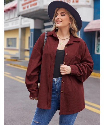 Womens Plus Size Corduroy Shirt Long Sleeve Button Down Shirts Fall Blouses Tops Casual Jacket Shacket Wine Red $16.81 Blouses