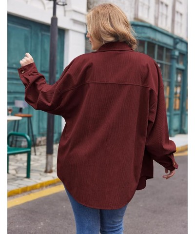 Womens Plus Size Corduroy Shirt Long Sleeve Button Down Shirts Fall Blouses Tops Casual Jacket Shacket Wine Red $16.81 Blouses