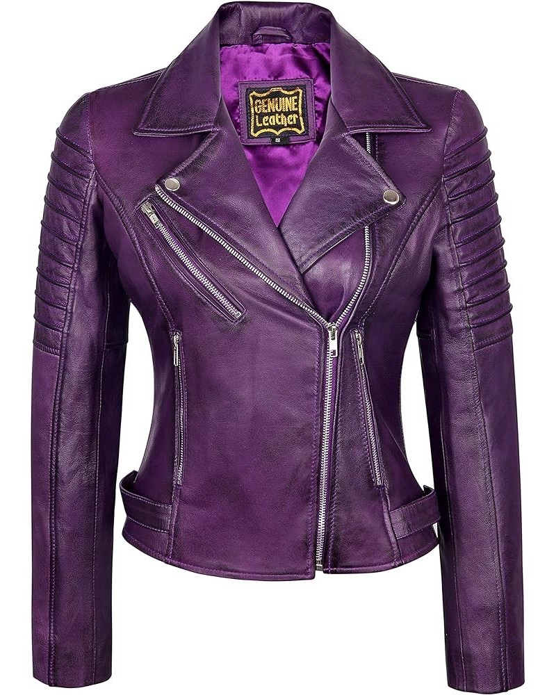 Women Real Leather Biker Jacket Real Lambskin Moto Biker Fashion Jackets Purple $58.80 Coats