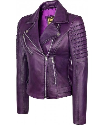 Women Real Leather Biker Jacket Real Lambskin Moto Biker Fashion Jackets Purple $58.80 Coats