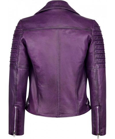 Women Real Leather Biker Jacket Real Lambskin Moto Biker Fashion Jackets Purple $58.80 Coats