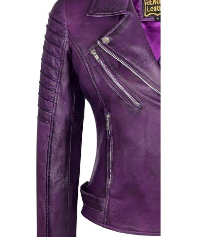 Women Real Leather Biker Jacket Real Lambskin Moto Biker Fashion Jackets Purple $58.80 Coats