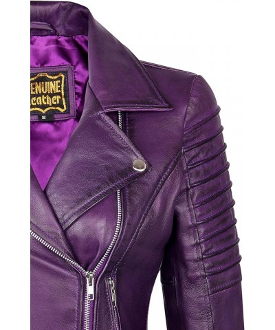 Women Real Leather Biker Jacket Real Lambskin Moto Biker Fashion Jackets Purple $58.80 Coats