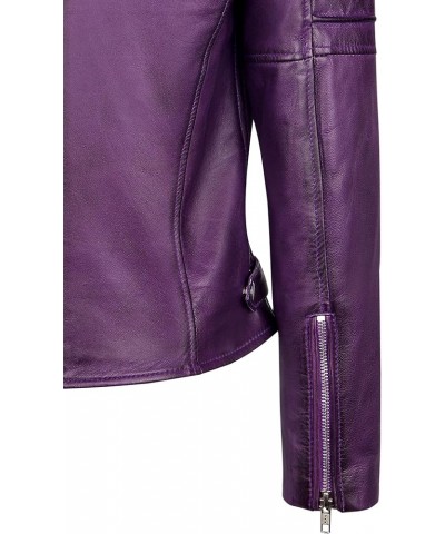 Women Real Leather Biker Jacket Real Lambskin Moto Biker Fashion Jackets Purple $58.80 Coats