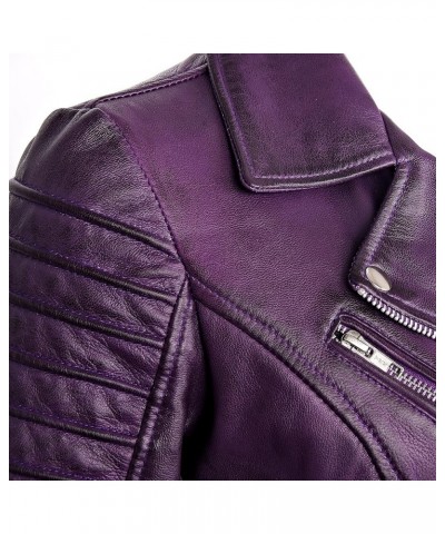 Women Real Leather Biker Jacket Real Lambskin Moto Biker Fashion Jackets Purple $58.80 Coats