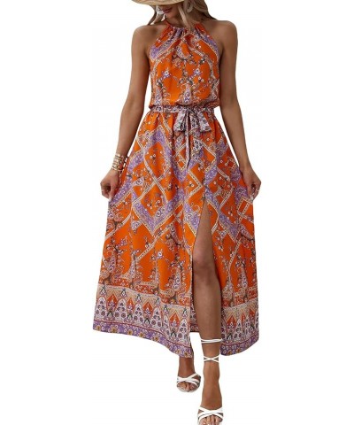 Women's Summer Tropical Floral Print Halter Neck Split Maxi Dress Orange Floral $22.08 Dresses