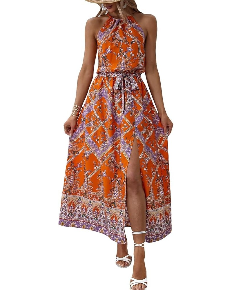 Women's Summer Tropical Floral Print Halter Neck Split Maxi Dress Orange Floral $22.08 Dresses