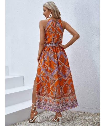 Women's Summer Tropical Floral Print Halter Neck Split Maxi Dress Orange Floral $22.08 Dresses