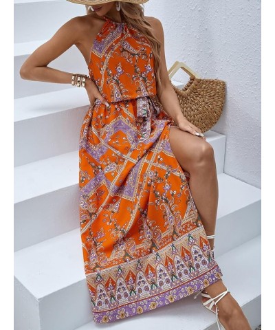 Women's Summer Tropical Floral Print Halter Neck Split Maxi Dress Orange Floral $22.08 Dresses