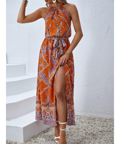 Women's Summer Tropical Floral Print Halter Neck Split Maxi Dress Orange Floral $22.08 Dresses