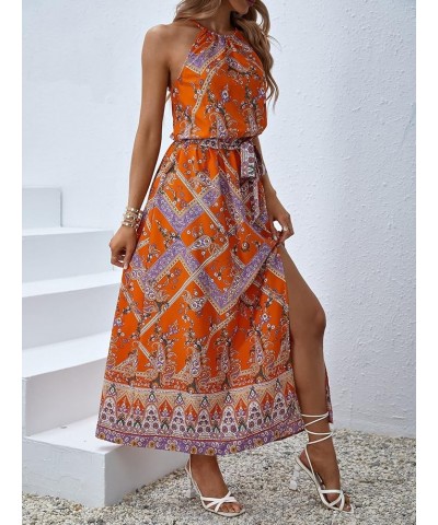 Women's Summer Tropical Floral Print Halter Neck Split Maxi Dress Orange Floral $22.08 Dresses