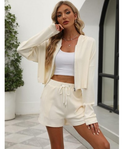 Women's 2 Piece Outfits Zip Up Cropped Hoodies and Adjustable Drawstring Shorts Rib Knit Sweatsuits Workout Sets Beige $10.39...