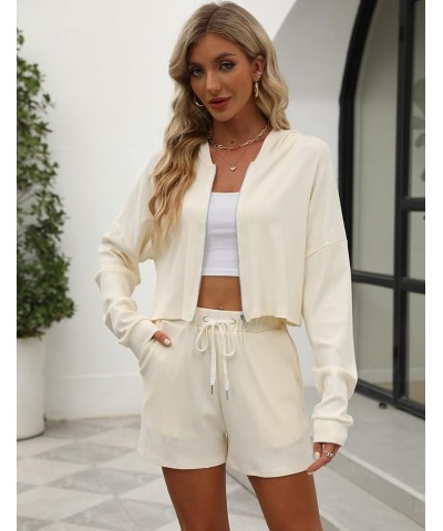 Women's 2 Piece Outfits Zip Up Cropped Hoodies and Adjustable Drawstring Shorts Rib Knit Sweatsuits Workout Sets Beige $10.39...