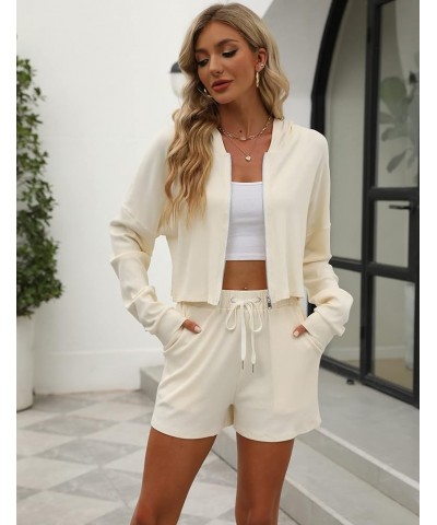 Women's 2 Piece Outfits Zip Up Cropped Hoodies and Adjustable Drawstring Shorts Rib Knit Sweatsuits Workout Sets Beige $10.39...