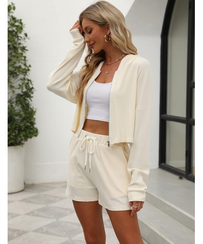 Women's 2 Piece Outfits Zip Up Cropped Hoodies and Adjustable Drawstring Shorts Rib Knit Sweatsuits Workout Sets Beige $10.39...