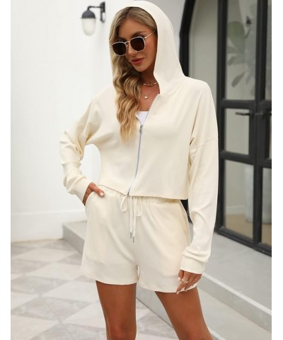 Women's 2 Piece Outfits Zip Up Cropped Hoodies and Adjustable Drawstring Shorts Rib Knit Sweatsuits Workout Sets Beige $10.39...