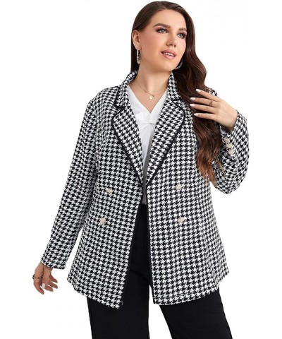 Women's Plus Size Houndstooth Lapel Collar Double Breasted Plaid Coat Blazer Black and White $21.60 Blazers