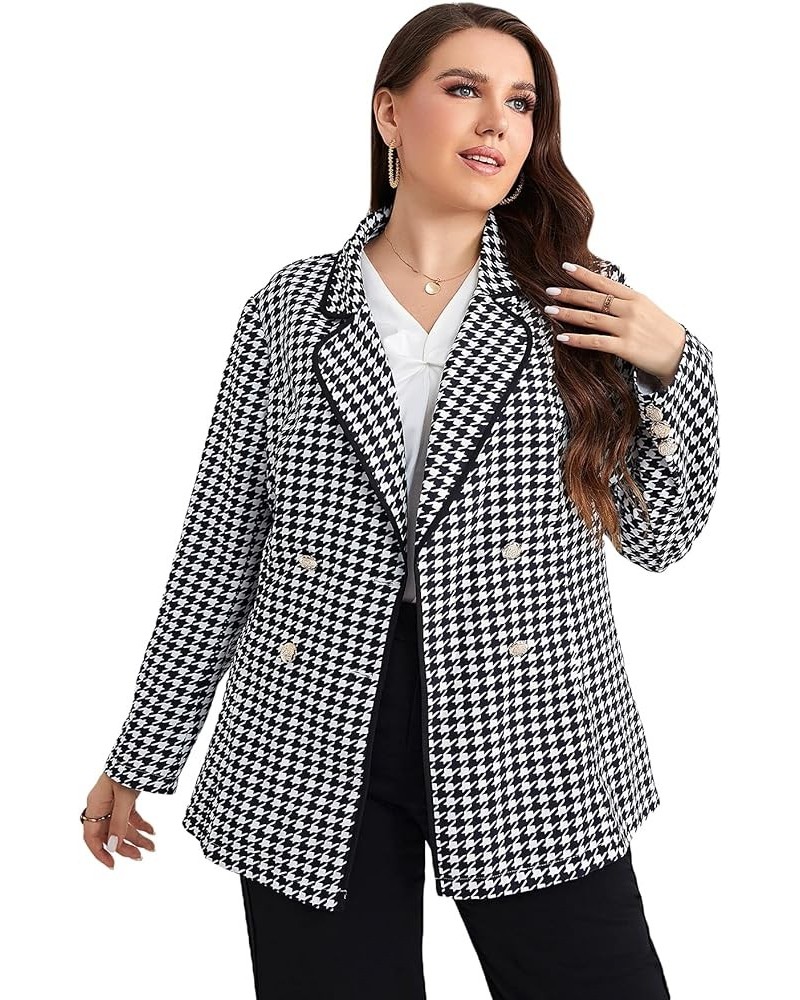 Women's Plus Size Houndstooth Lapel Collar Double Breasted Plaid Coat Blazer Black and White $21.60 Blazers