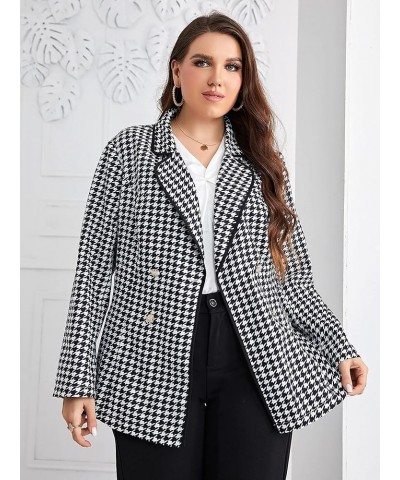 Women's Plus Size Houndstooth Lapel Collar Double Breasted Plaid Coat Blazer Black and White $21.60 Blazers