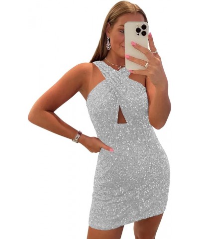 Women's Halter Homecoming Dresses Short for Teens Sparkly Sequins Open Back Formal Cocktail Gown Grey $24.75 Dresses