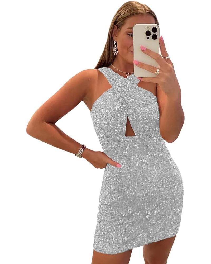 Women's Halter Homecoming Dresses Short for Teens Sparkly Sequins Open Back Formal Cocktail Gown Grey $24.75 Dresses