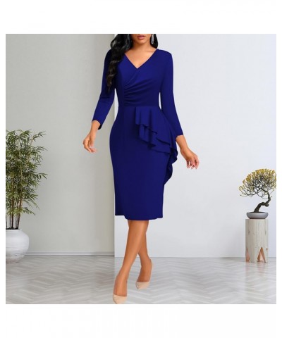 Elegant Church Dress for Women Casual Lapel Ruffle Pencil Classy Knee Length Dinner Party Midi Teens Dress 767 Blue Elegant D...