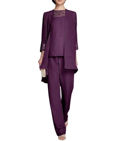 Mother of The Bride Pant Suits Chiffon 3 Pieces Formal Outfit Jumpsuit Long Grandmother Wedding Guest Groom Dresses Plum $31....