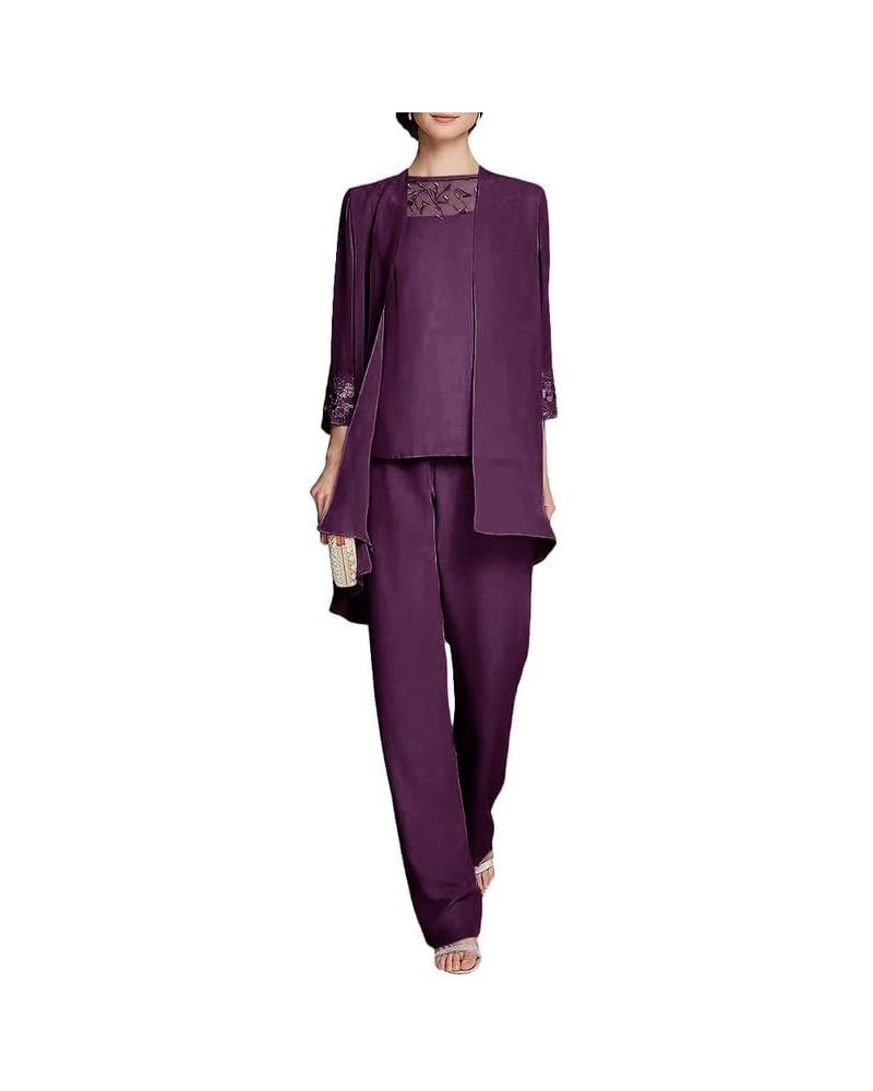 Mother of The Bride Pant Suits Chiffon 3 Pieces Formal Outfit Jumpsuit Long Grandmother Wedding Guest Groom Dresses Plum $31....