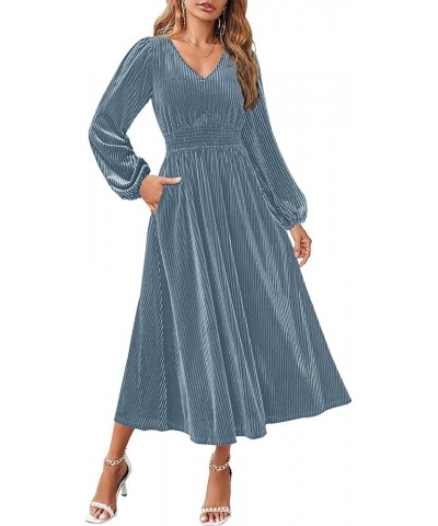 Women's Velvet Midi Dress Casual V Neck Long Sleeve Solid Color Elastic High Waist Flowy Evening Party Dresses Grey Blue $22....