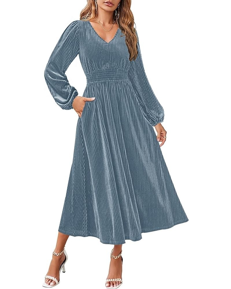 Women's Velvet Midi Dress Casual V Neck Long Sleeve Solid Color Elastic High Waist Flowy Evening Party Dresses Grey Blue $22....