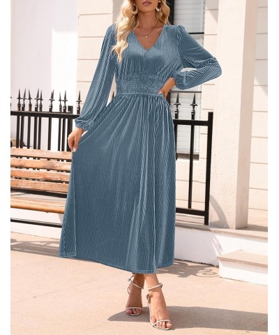 Women's Velvet Midi Dress Casual V Neck Long Sleeve Solid Color Elastic High Waist Flowy Evening Party Dresses Grey Blue $22....