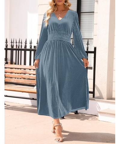 Women's Velvet Midi Dress Casual V Neck Long Sleeve Solid Color Elastic High Waist Flowy Evening Party Dresses Grey Blue $22....