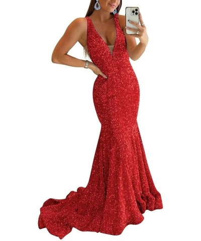 Women's Sparkly Sequin Prom Dress Long Mermaid Sexy V-Neck Cocktail Dresses Backless Formal Party Dress Red $55.20 Dresses