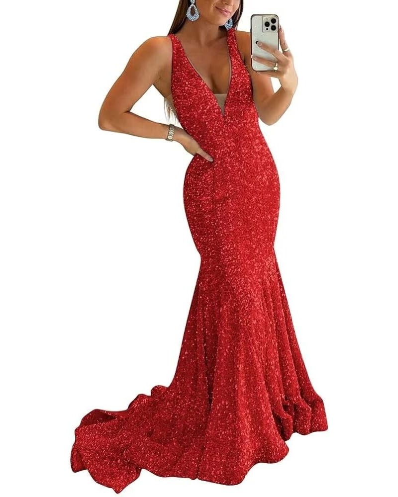 Women's Sparkly Sequin Prom Dress Long Mermaid Sexy V-Neck Cocktail Dresses Backless Formal Party Dress Red $55.20 Dresses