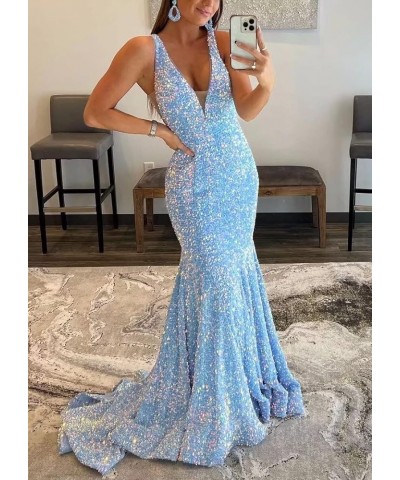 Women's Sparkly Sequin Prom Dress Long Mermaid Sexy V-Neck Cocktail Dresses Backless Formal Party Dress Red $55.20 Dresses