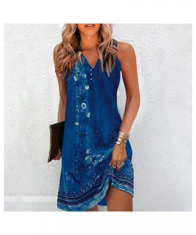 Women Summer Vintage Casual Loose Boho Floral Tank Dresses Button Print V Neck Sleeveless Dresses Beach Dress Dark Blue $11.4...