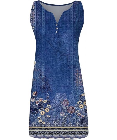 Women Summer Vintage Casual Loose Boho Floral Tank Dresses Button Print V Neck Sleeveless Dresses Beach Dress Dark Blue $11.4...