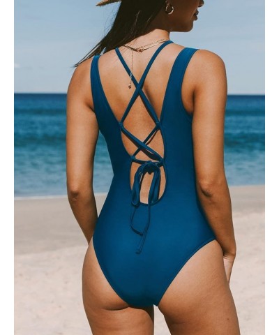 Women One Piece Swimsuits O Ring Red Strappy Lace Up Monokini Swimsuits Bathing Suit Blue $19.60 Swimsuits