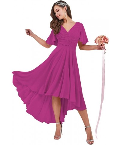 High Low Bridesmaid Dresses for Women 2024 V Neck Short Sleeves Flutter Formal Party Dress with Pockets NB216 Fuchsia $23.10 ...