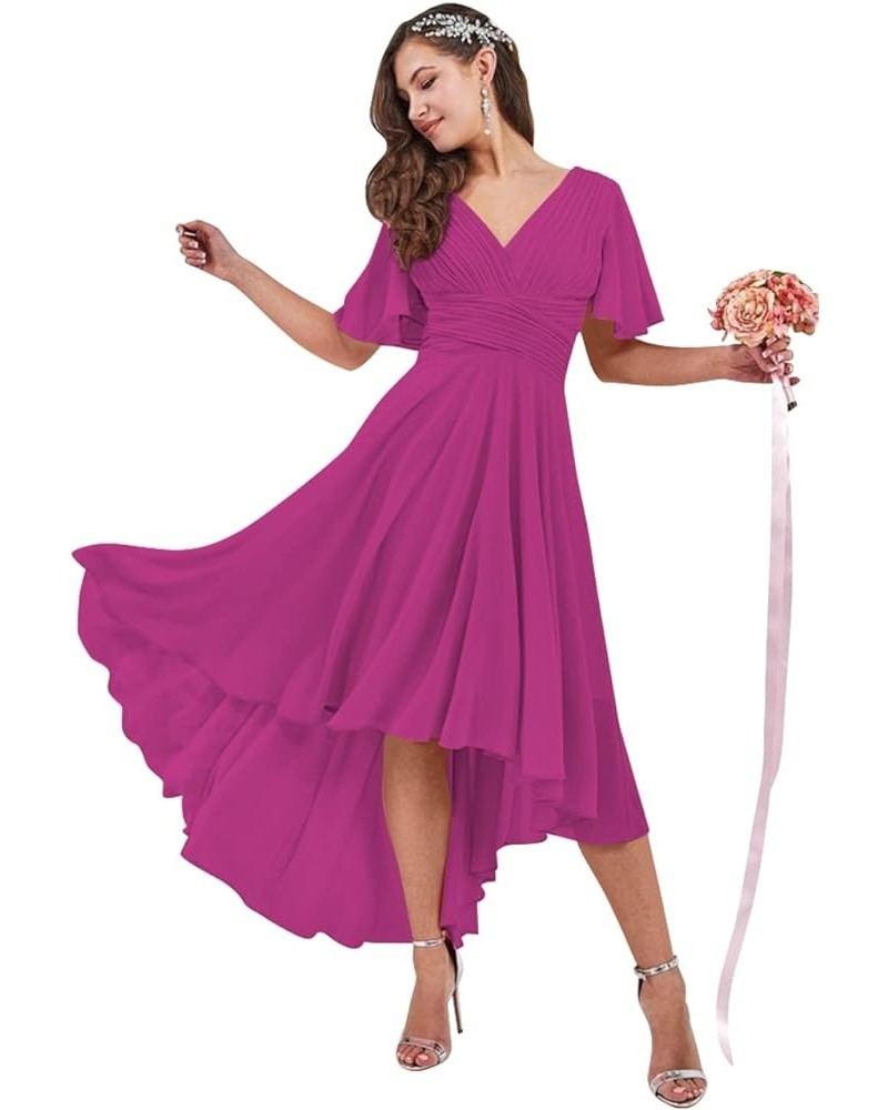 High Low Bridesmaid Dresses for Women 2024 V Neck Short Sleeves Flutter Formal Party Dress with Pockets NB216 Fuchsia $23.10 ...