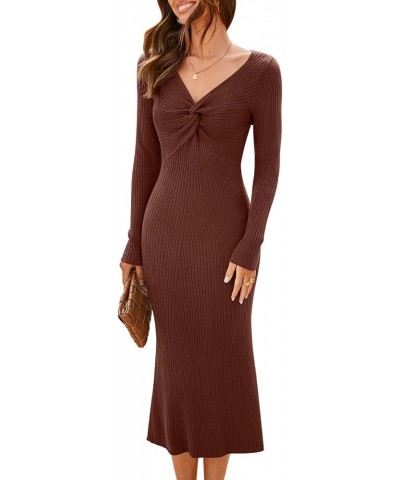 Womens 2024 Sweater Dress Trendy Casual Long Sleeve V Neck Twist Front Slim Fit Ribbed Knit Bodycon Midi Dress 03 Brown $21.6...