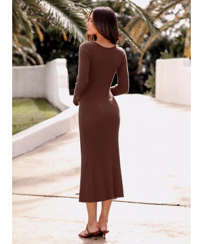 Womens 2024 Sweater Dress Trendy Casual Long Sleeve V Neck Twist Front Slim Fit Ribbed Knit Bodycon Midi Dress 03 Brown $21.6...