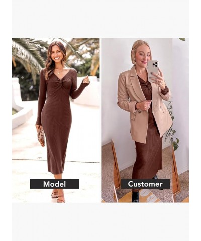 Womens 2024 Sweater Dress Trendy Casual Long Sleeve V Neck Twist Front Slim Fit Ribbed Knit Bodycon Midi Dress 03 Brown $21.6...